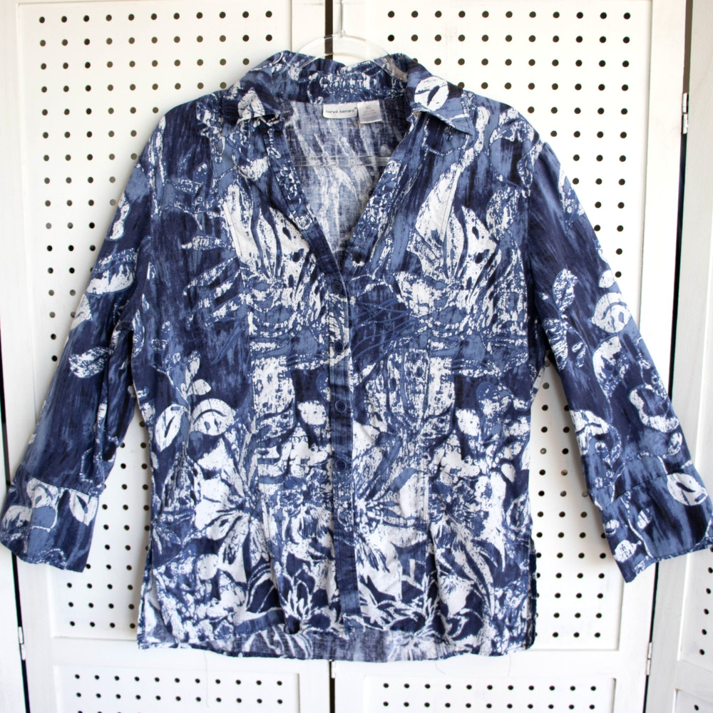 Harve Benard Womens SIZE XL Blue Linen Blend Button Up Top